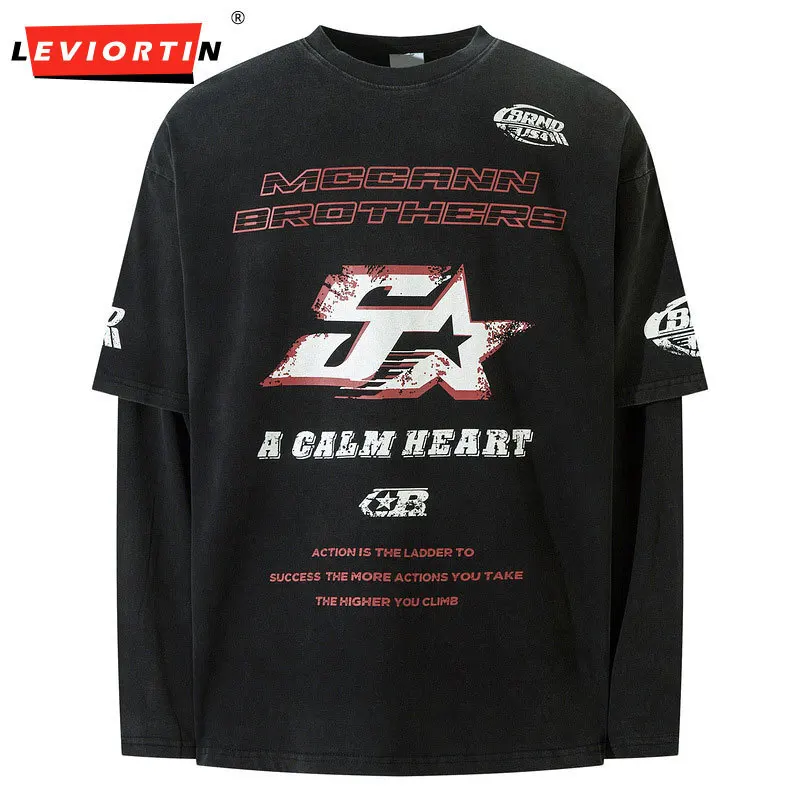 

Men's American retro washed, distressed, spray dirty craft, niche design, fake two piece star letter loose long sleeved T-shirt