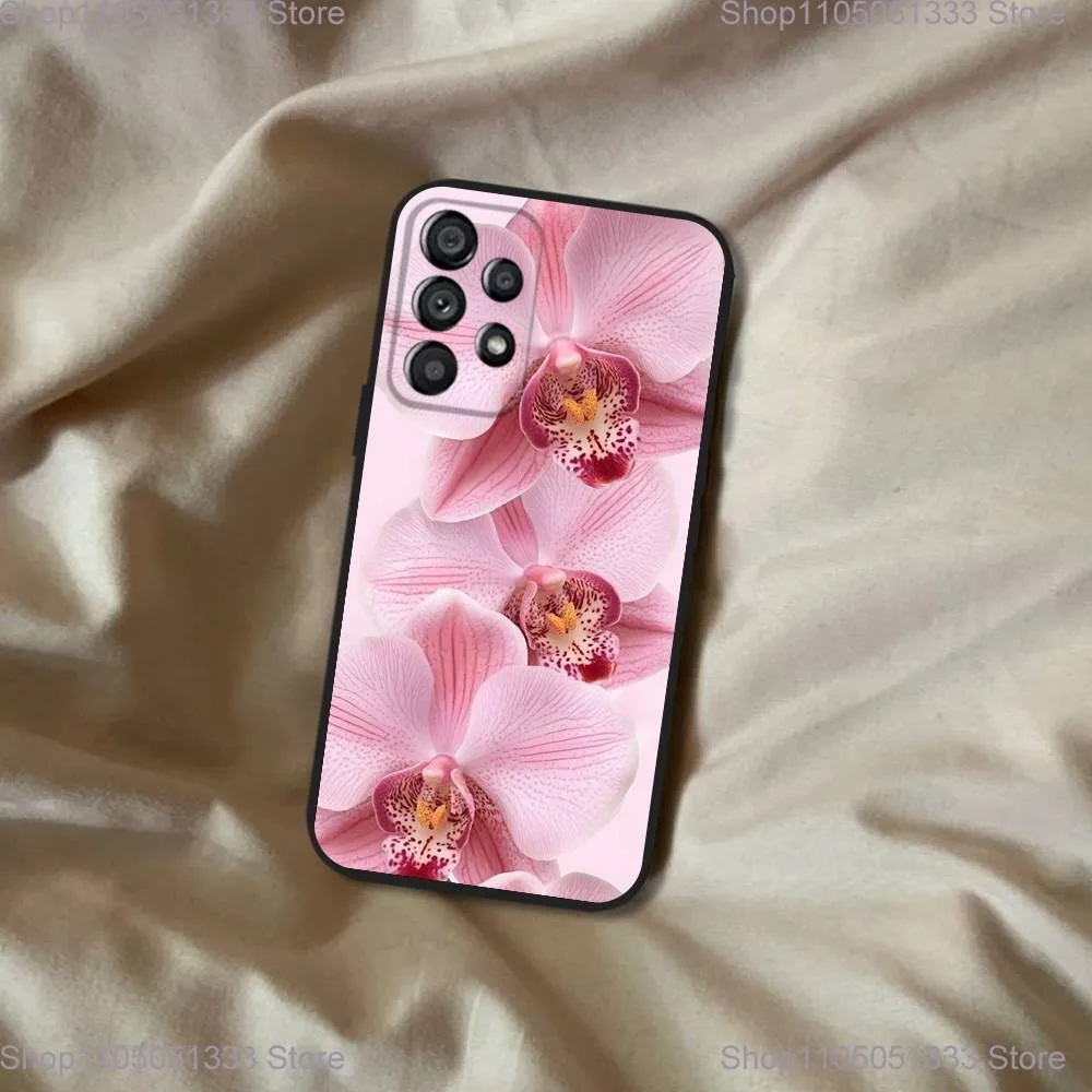 Elegante rosa e azul orquídea caso de telefone para samsung galaxy a20, a21s, a22, a31, a32, a52, a53, a72,73, a80 capa preta macia