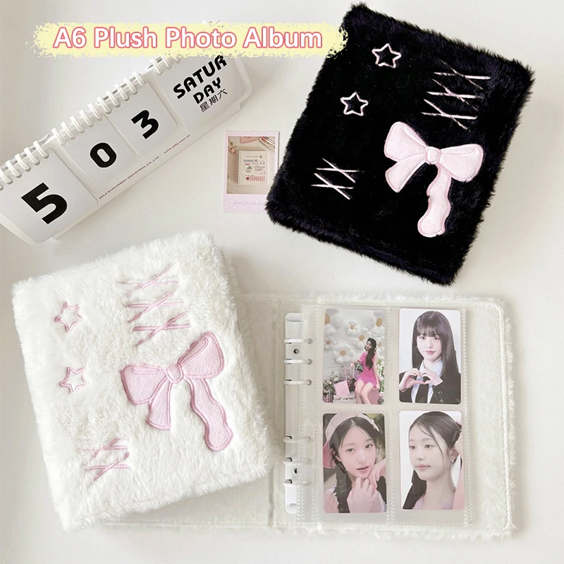 Cute Bow Korean Style A6 Loose-leaf Photo Album Card Holder Plush Kpop Idol Photography Card Collection Book Student Stationery