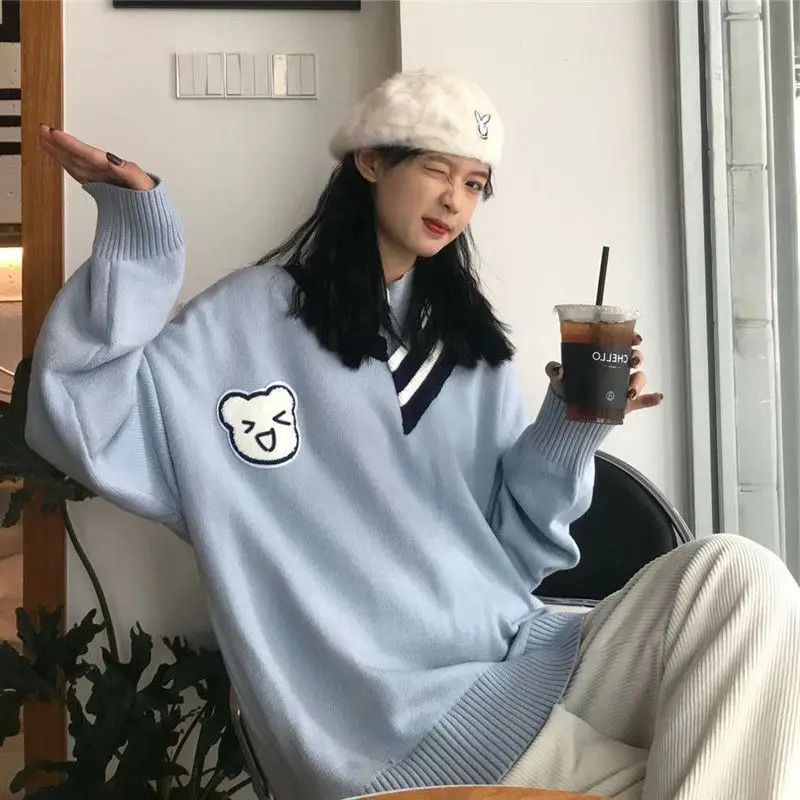 Preppy Kawaii Bear Blue Sweater Women Korean Fashion Cute Jumper Female Oversize Winter Patchwork Pullover Knitwear