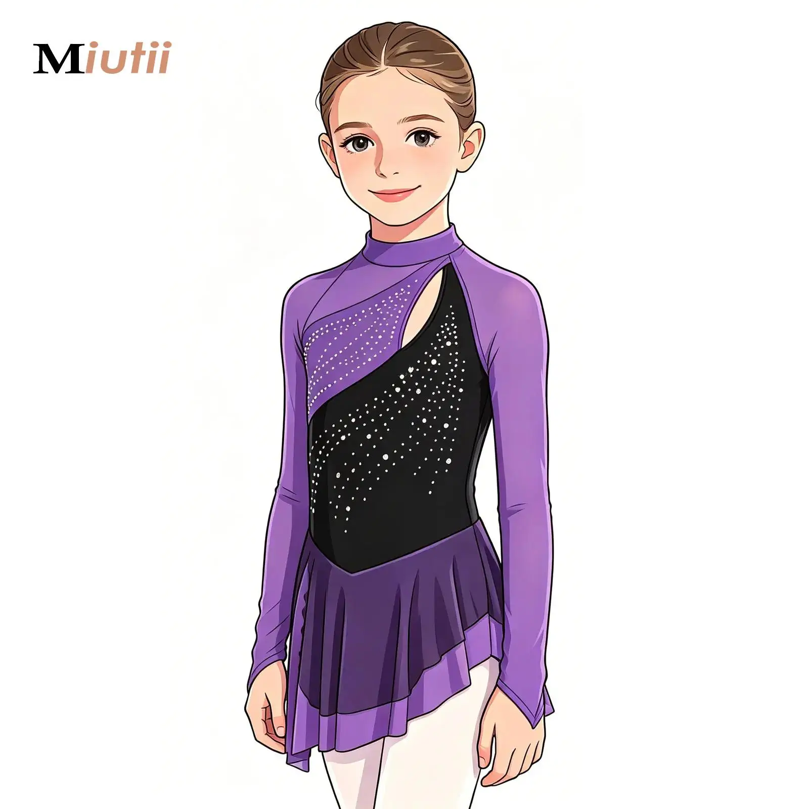 

Figure Skating Lyrical Modern Dance Dress for Kids Girls Mesh Asymmetrical Leotards Dress Gymnastic Ballet Competition Costume