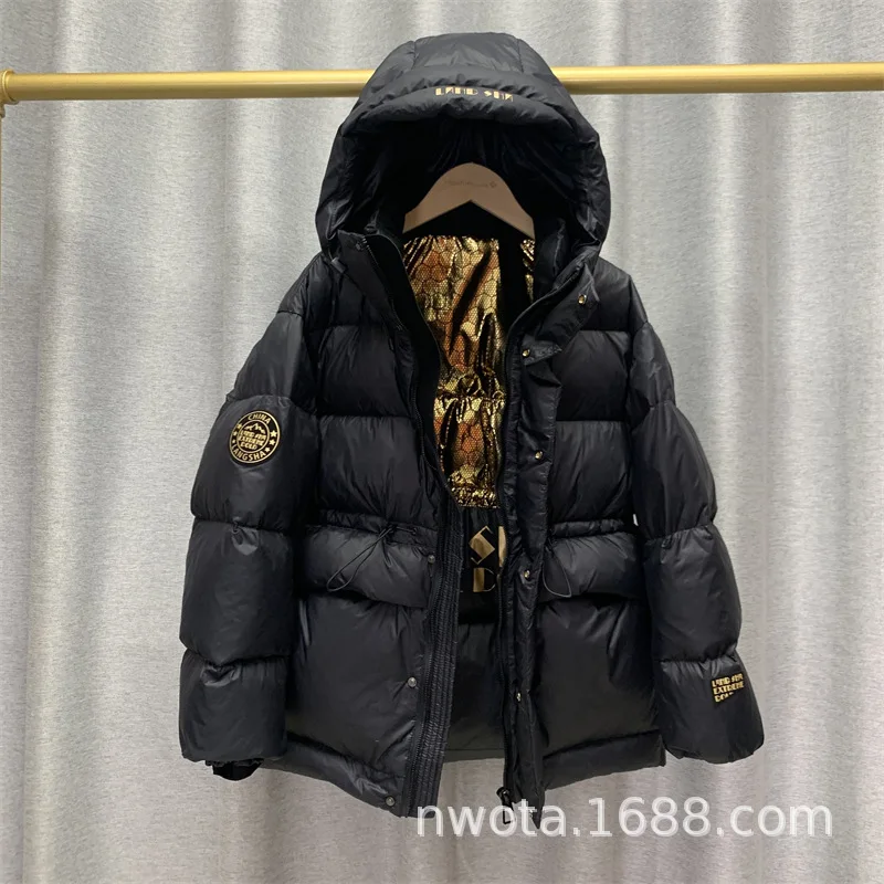 2023 New Korean Black Gold 90% White Duck Down Jacket Women Winter Warm Thicken Hooded Coats Loose Casual Female Down Outerwear