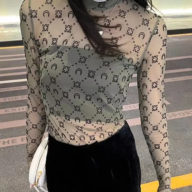 

2024 New Temperament High-end Printed Half-neck Printed Mesh Slim-fit Bottoming Shirt Sexy, Elegant and Charming Celebrity Style