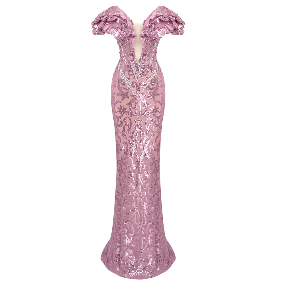 Off the Shoulder Deep V Plunge  Sparkly Mermaid Evening Dresses Sleeveless Sequins Zipper Beaded 3D Lace Appliques Prom Dress