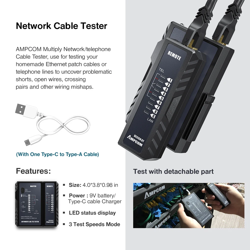 AMPCOM-Kit de herramientas de red, probador Lan RJ45, crimpadora Cat6 CAT5E, conectores RJ11, herramienta de perforación, pelacables, alicates, Cable Ethernet
