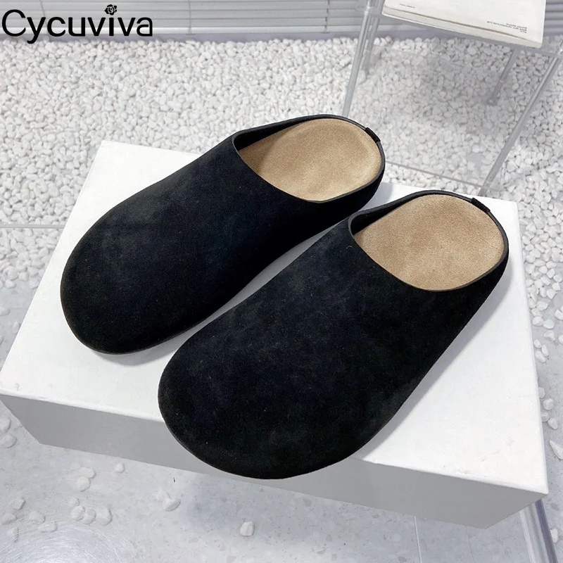 New Platform Flat Half Slippers Women Suede Leather Holiday Beach Flat Shoes Round Toe Leisure Comfort Spring Walk Shoes Woman