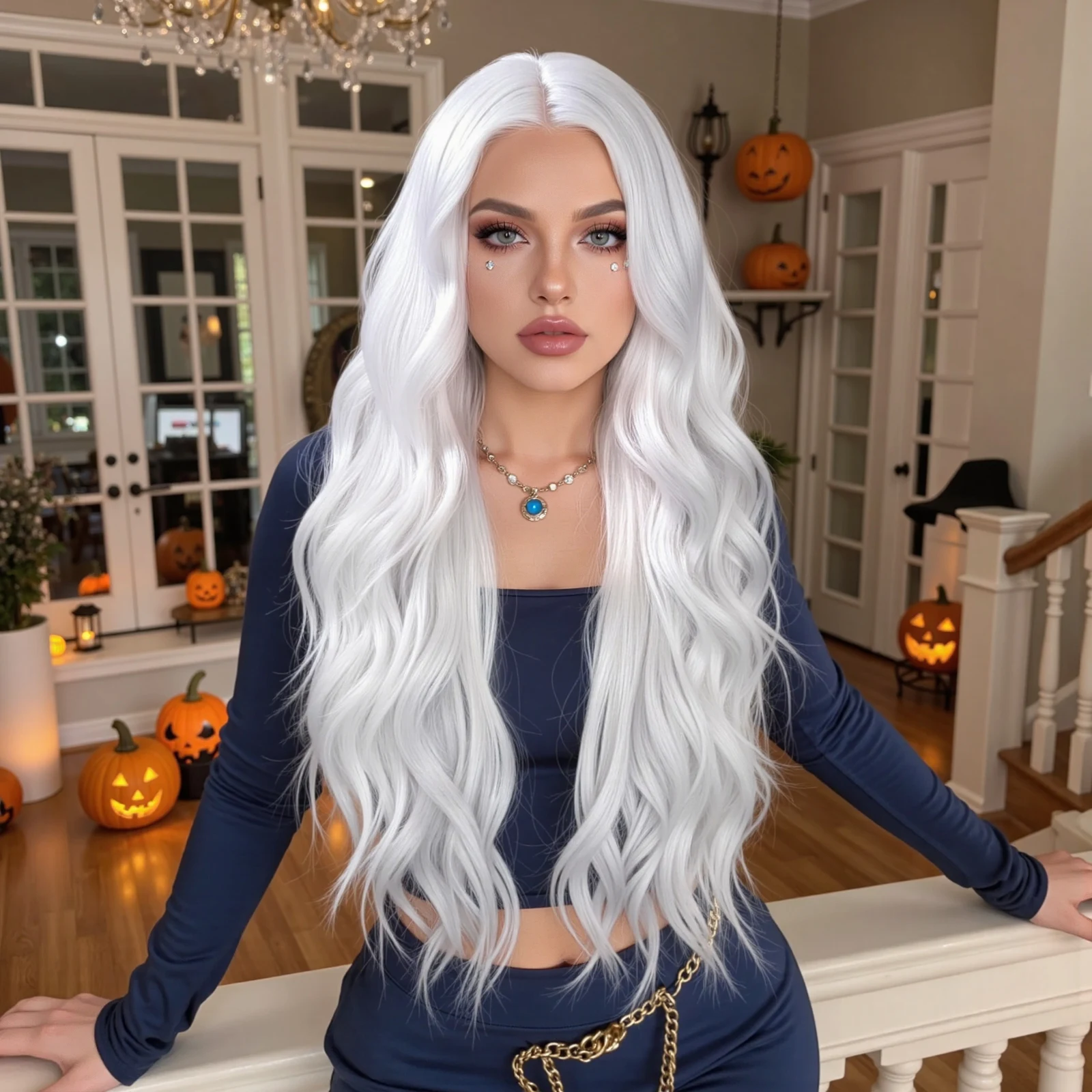 

Halloween Super Long Curly Silver Synthetic Wig Medium Part White Water Wave Hair Wigs for Women Cosplay party Colored Hair Wig