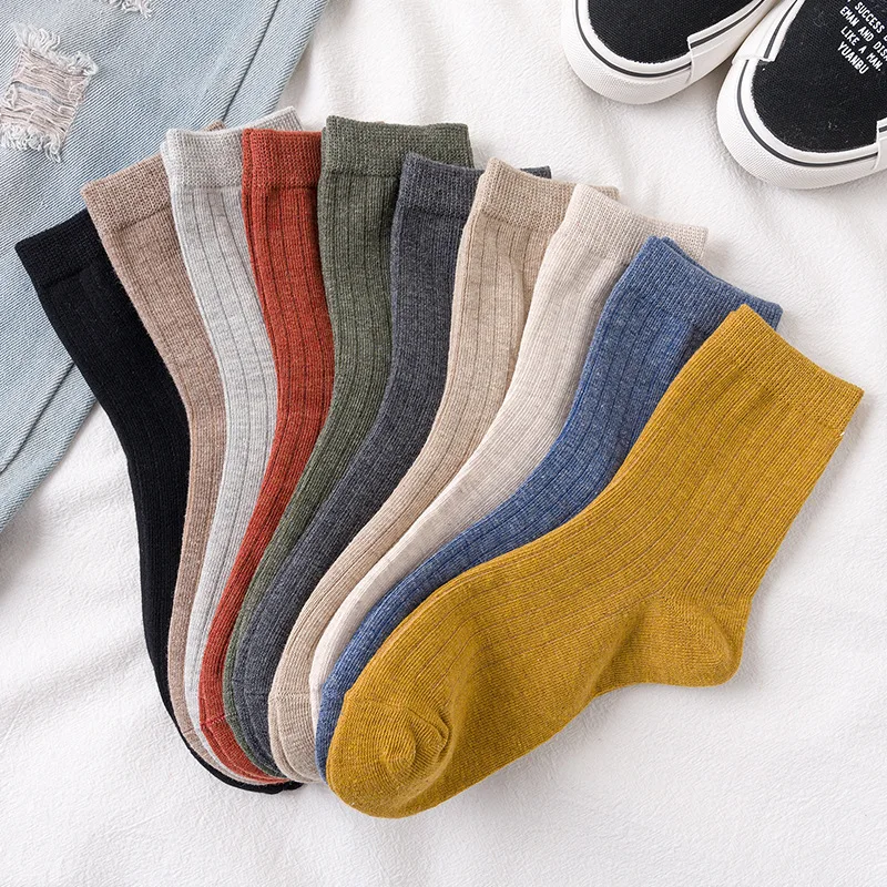 Women Solid Color Striped Cotton Middle Tube Socks Female Casual Fashion Japanese Style Student Couple Breathable Allmatch Socks