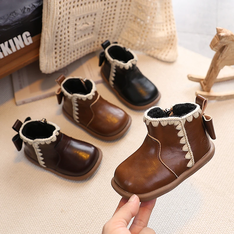

Осенне-зимние ботинки для маленьких девочек, теплые плюшевые детские ботильоны, детская обувь принцессы с кружевным бантом, нескользящая детская обувь на мягкой подошве