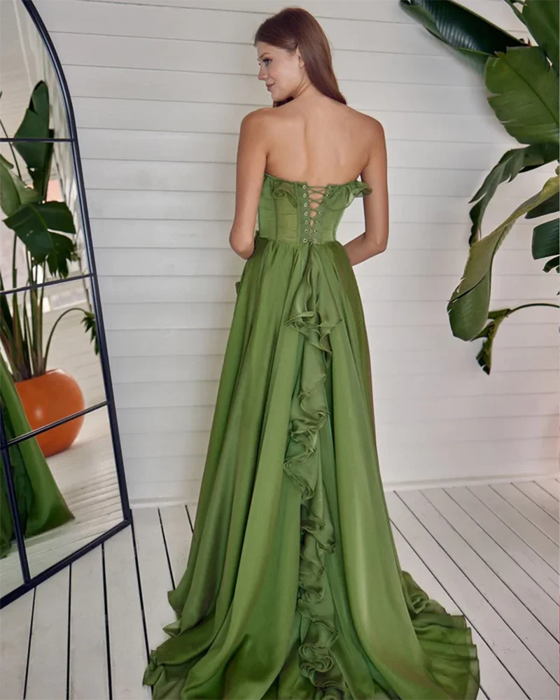 Musetta Green Strapless Lovely Long Prom Dress Ruffles High Side Split Evening Dresses Backless Lace Up Women Formal Party Gown