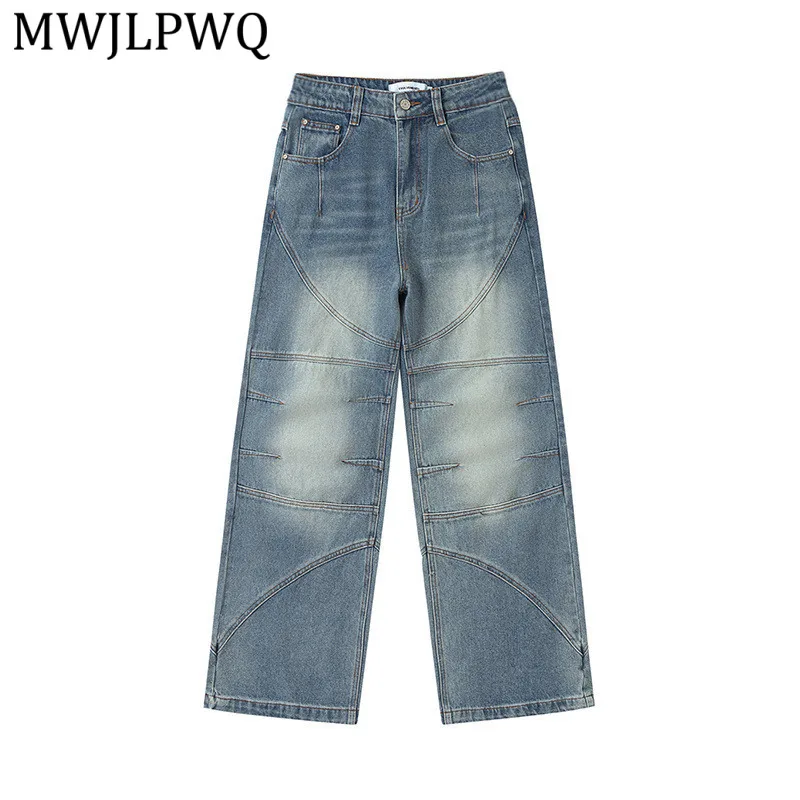

MWJLPWQ American Retro Street Style Pleated Wide-Leg Jeans For Men Washed Spliced Straight Trousers 2026 Spring Autumn New 14582
