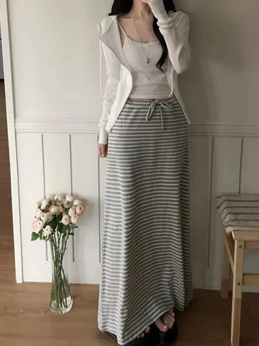 

Korean Sle Retro Striped f Skirt Women's Summer New Faion Anti-Aging Dstring Elastic Waist Long Wraparound Skirt