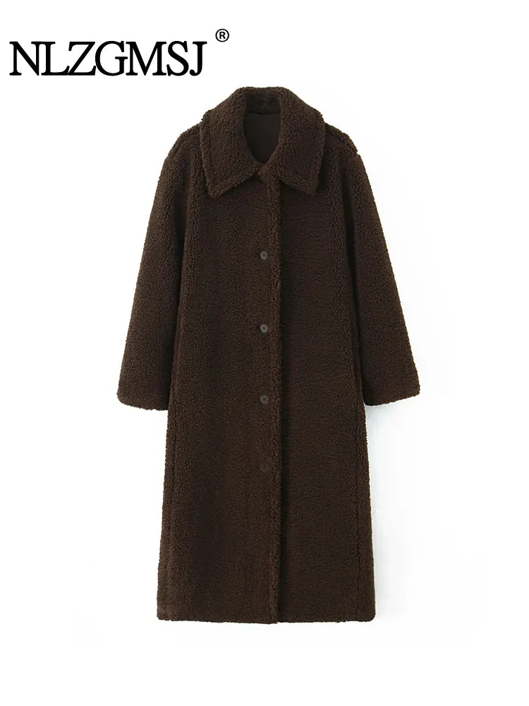 

NLZGMSJ Women's Fleece Overcoat Autumn Winter Fashion Laple Long Sleeves Button Coat Female Elegant Casual New Outerwear
