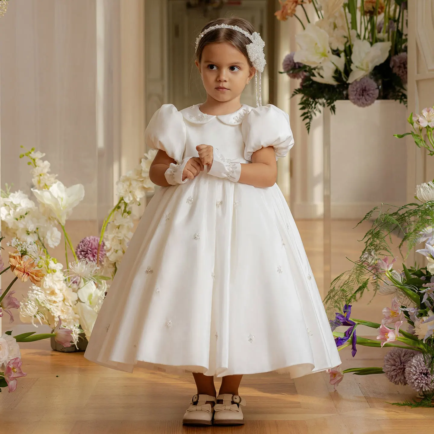 Jill Wish-Robe de Luxe en Satin Blanc pour Fille, Tenue de Princesse avec Perles et Longueur de Rinçage pour ixd'Anniversaire et de Mariage, J171