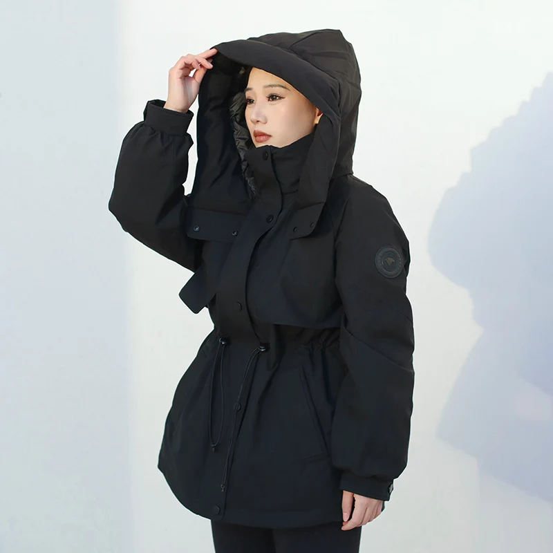 Chericom Winter Down Jacket Stand-up Collar Attached Hood Waist Drawstring Side Angled Insert Pockets Women's Outerwear Y308060Y