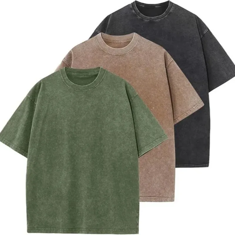 

American Street Style Washed Vintage Short Sleeve T-Shirt Loose Fit Heavyweight Pure Cotton Customizable Logo Casual Top outerwe