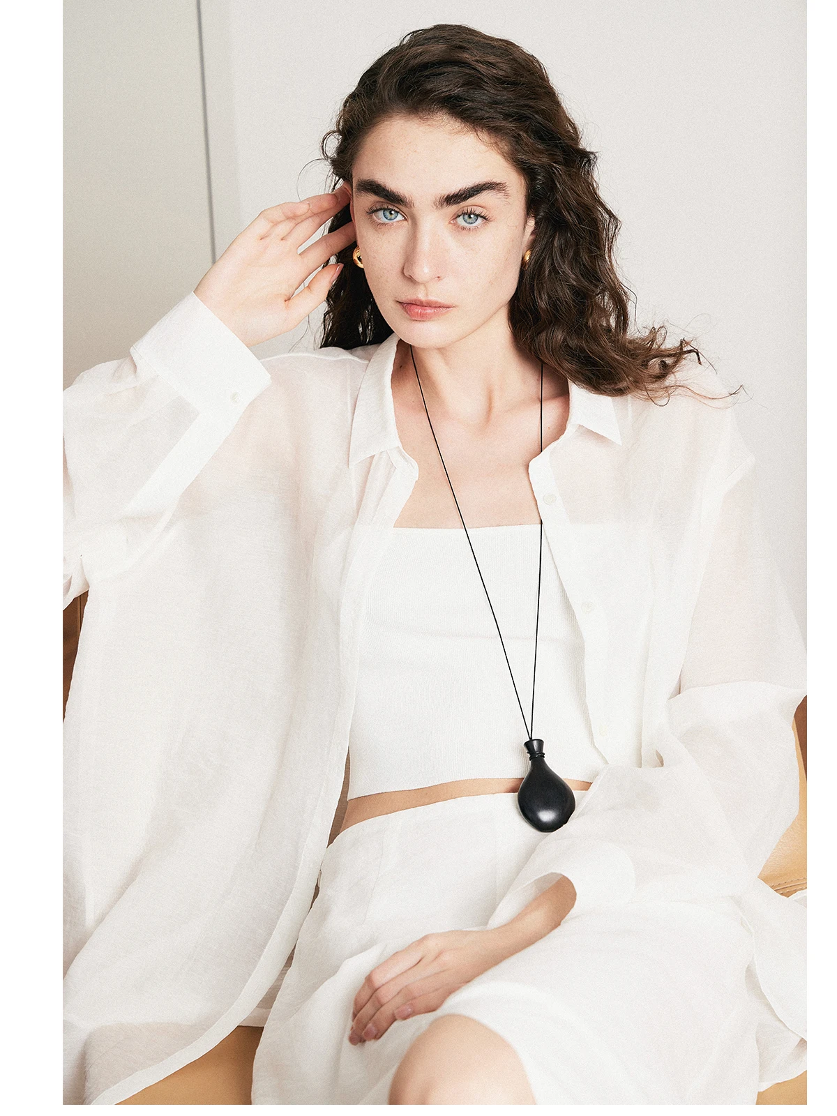 

Thoransaura Cotton Shirt Skirt Set Long Sleeve Formal Women's Fashion Two-Piece Outfit with Slits Cool Feeling Slightly Creased