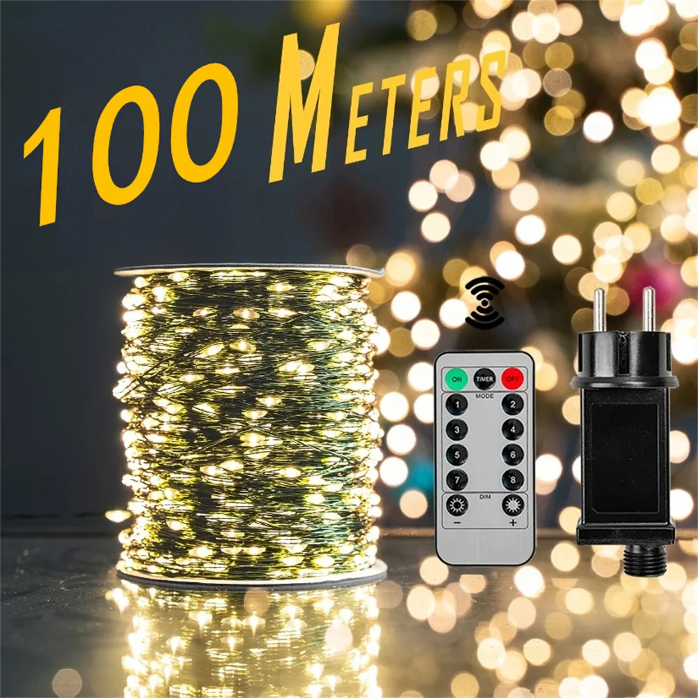 Guirnalda de luces LED con control remoto para decoración de exteriores, luces de hadas de Navidad, impermeables, para árbol, calle, fiesta de boda, 1000 o 500led