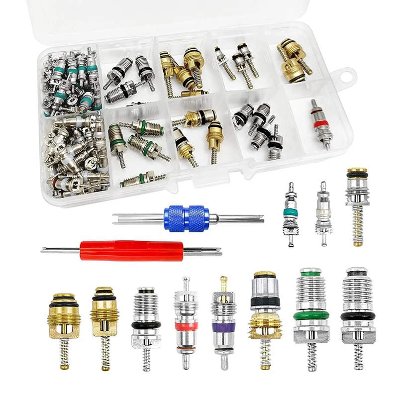 102Pcs Air Conditioning Valve Core Valve Cores A/C R12 R134a Accessories Kit, Valve Stem Cores Repair Tool Assortment