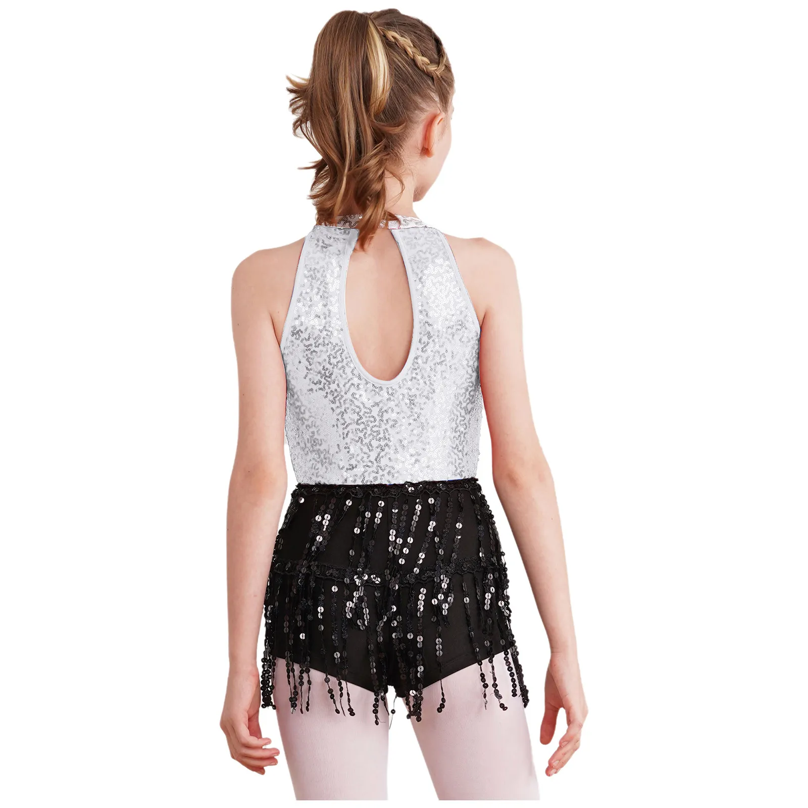 Jersey de Ballet y gimnasia para niñas, traje de actuación de baile de Tango latino, mono de leotardo con espalda descubierta y borlas de lentejuelas brillantes