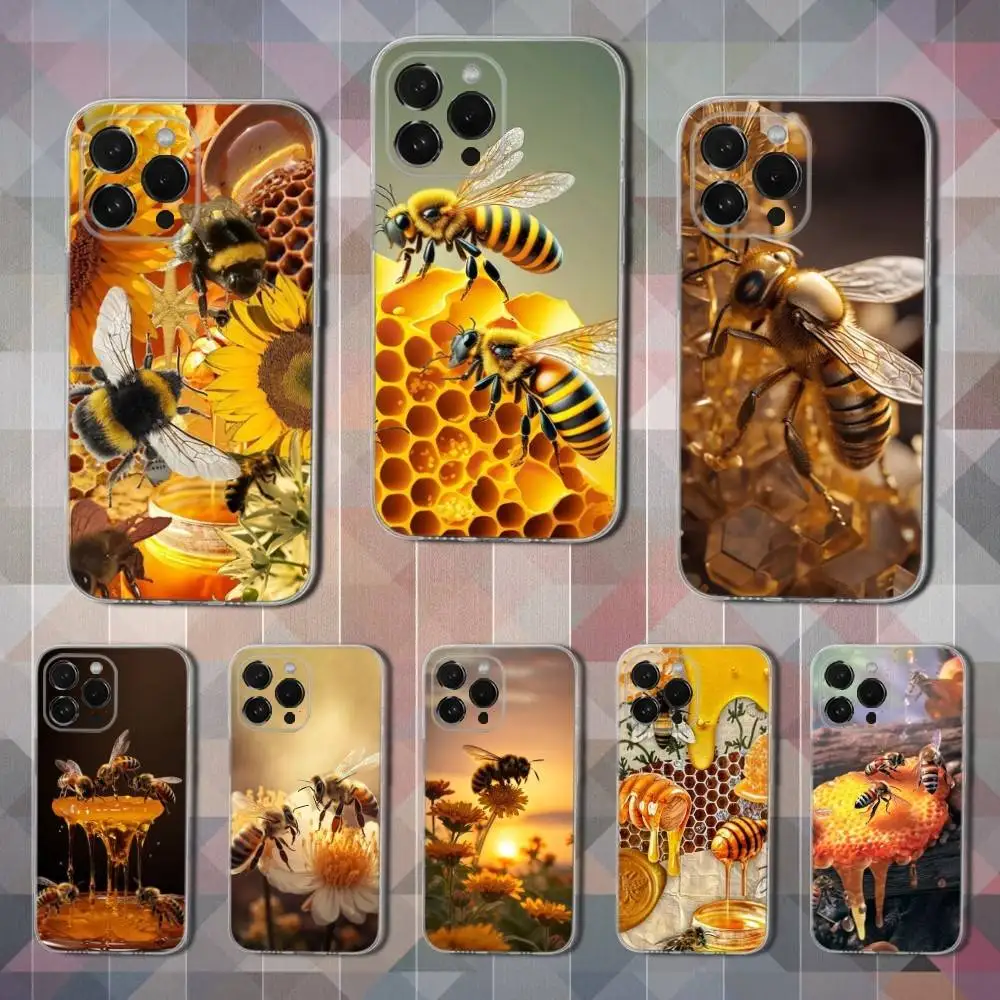 Cute Honey Bee Phone Case For iPhone 16,15,14,13,12,11,17 Pro,Max,Plus,X,XS,XR,SE,Mini Transparent Soft Cover