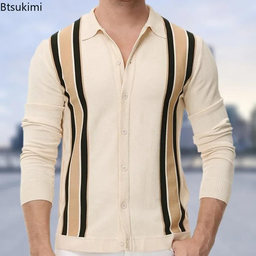 2025 Spring Men's Knitwear Polo Shirts Fashion Business Casual Patchwork Striped Long Sleeve Cardigan Knit Tops New Men Clothing