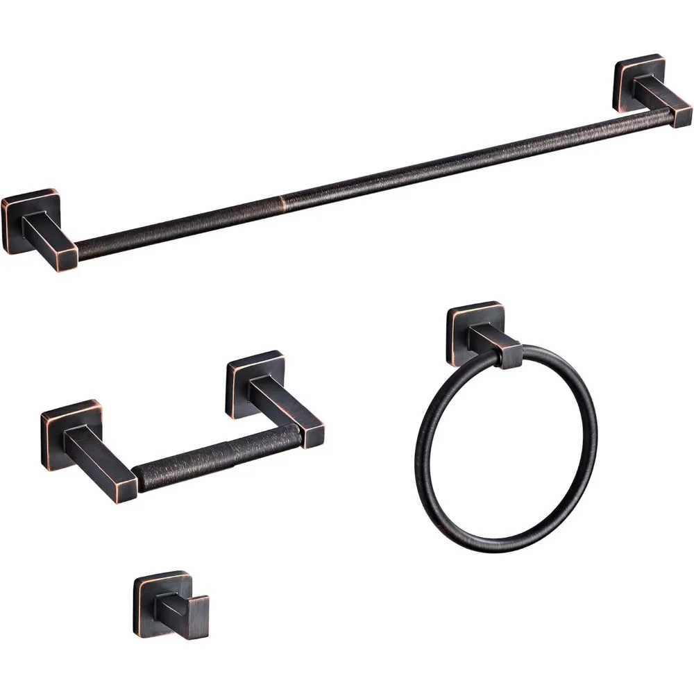 

4-Piece Oil Rubbed Bronze Bathroom Set: Towel Bar, Ring, Hook & Paper Holder - 23.6 Inch Stainless Steel