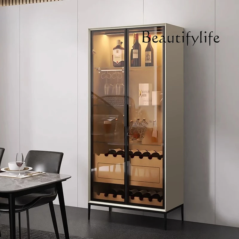 

Italian paint glass door wine cabinet high-end display cabinet against the wall solid wood living room storage tea cabinet