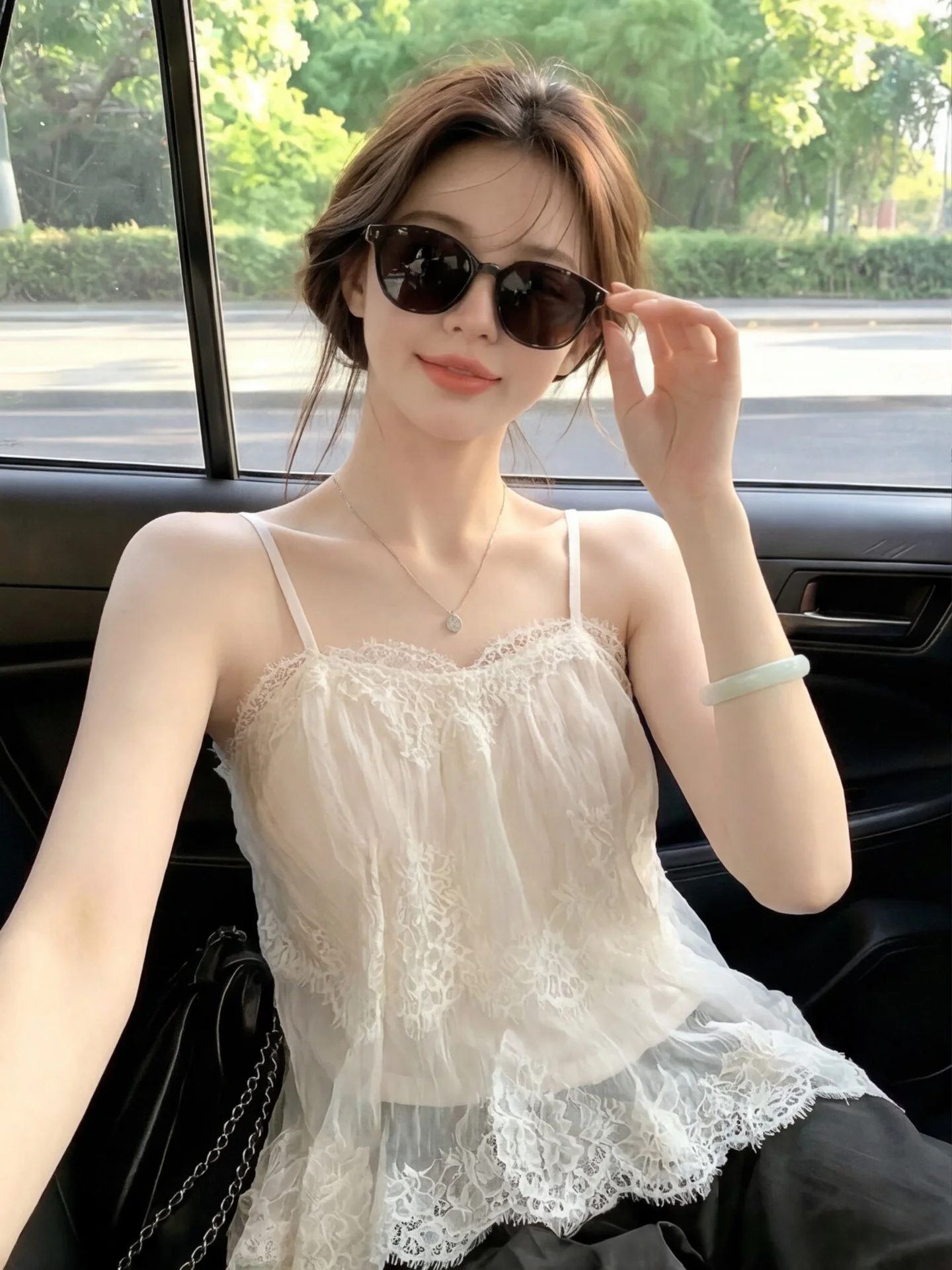 

Elegant Off-Shoulder Lace Trim Chiffon Top Women's Summer New Style Sweet Apricot Color Sensation Strap Design Sensual Look