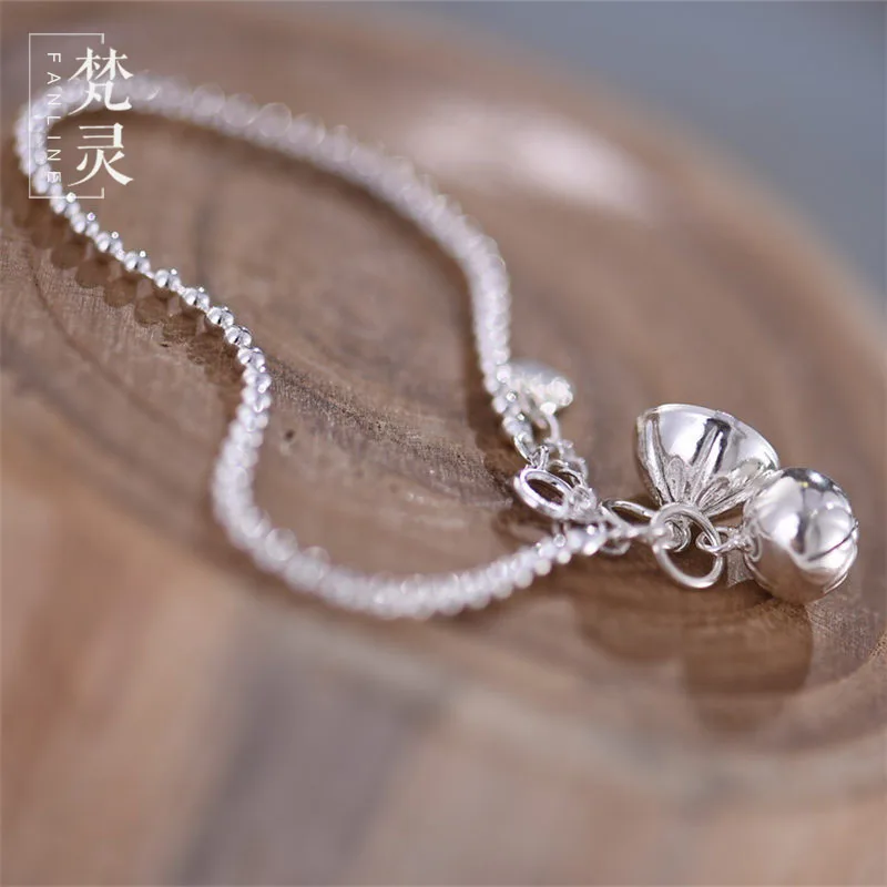 High Quality Original 925 Sterling Silver Lotus Bell Shape Art Retro Female Anklet Retro Simple Girls Female Summer Foot Jewelry