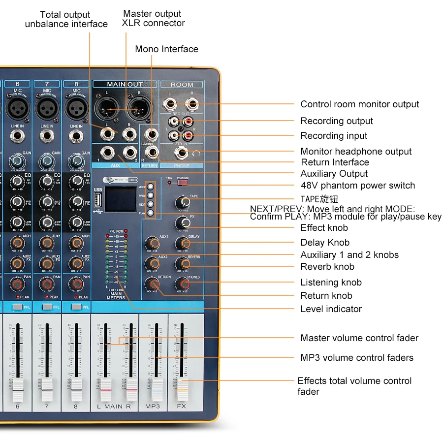 Biner AG8 Professional Audio Mixer Built-in 48V Phantom Power Support U Disk MP3 Playback 8 Channels Mixing Console