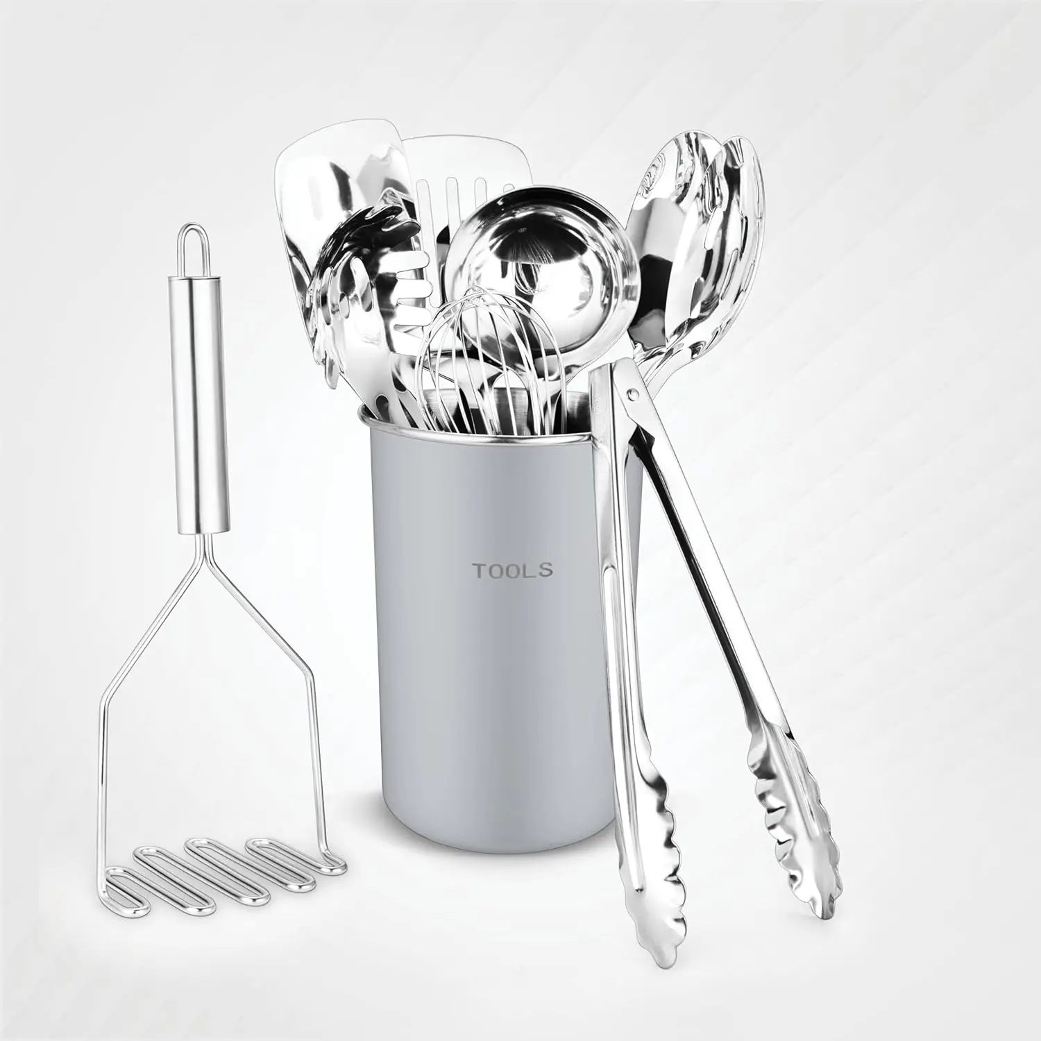 

® Premium Set of 10 Stainless Steel (GREY HOLDER) Kitchen Tool Set with Holder Easy To Clean, Space Saving, Great for Cook