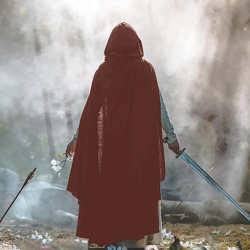 Halloween Cosplay Knight Hooded Cape Men's Pure Color Performance Shawl Traditional Medieval Costume Accessory for Men