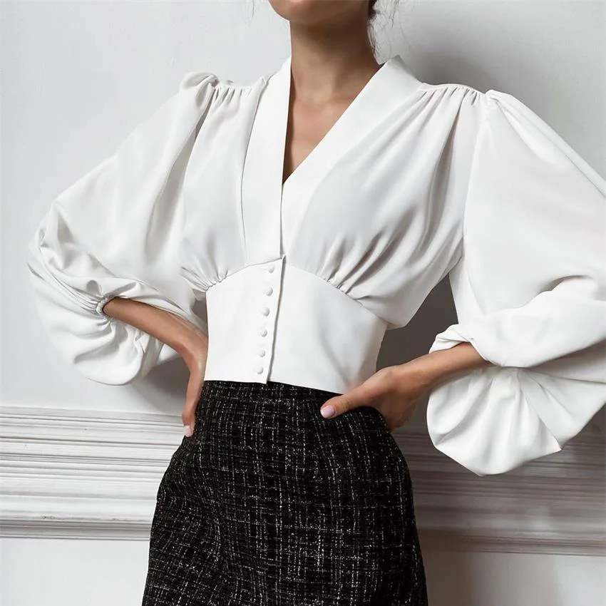 

Cropped Navel V-Neck Chiffon Shirt Top For Women 2022 New Summer Fashion Lantern Sleeve Commute Blouse q69