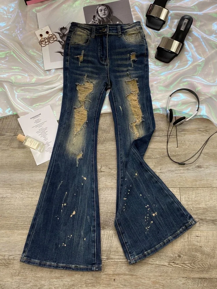 

High Waist Bell Bottom Jeans Women's Slim Fit High Heels Summer New Style American Style Denim Pants Micro Hole Design Jeans