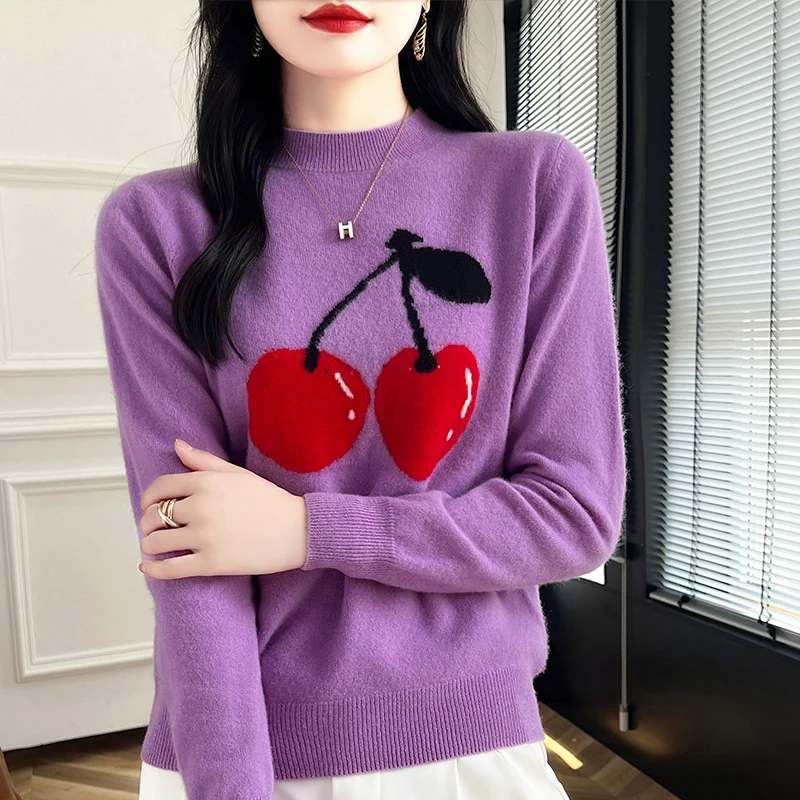Women\'s Pullover Knitted Sweater Made Of 100% Pure Wool With Half Height Round Neck Long Sleeves For Warmth In Autumn And Winter