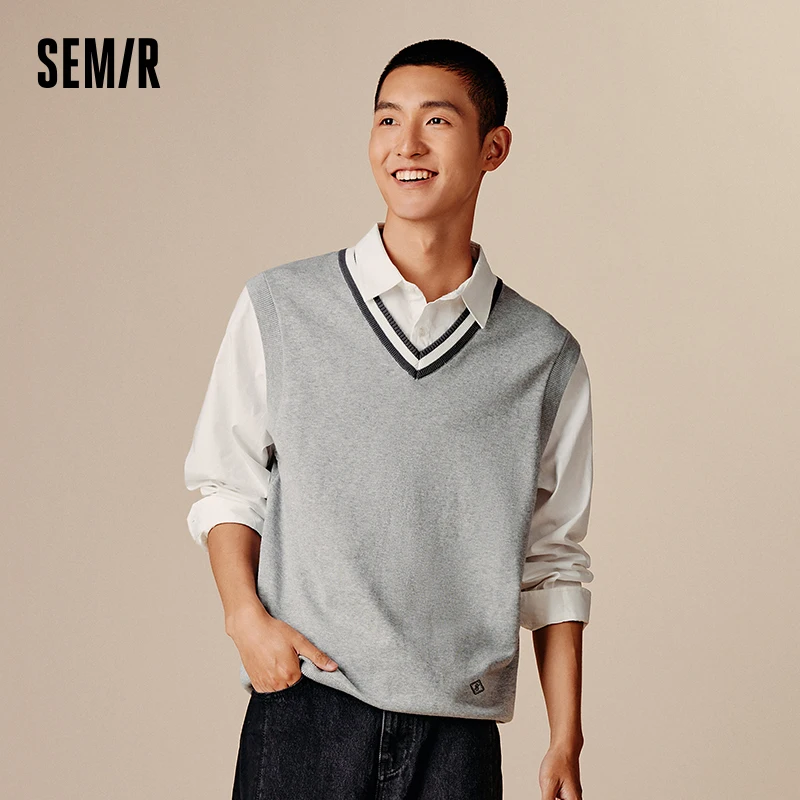 

Semir Sweater Men Autumn Fashion Korean College Style Fake Two-Piece Knitted Sweater Embroidery Pullover Sweater Casual Top