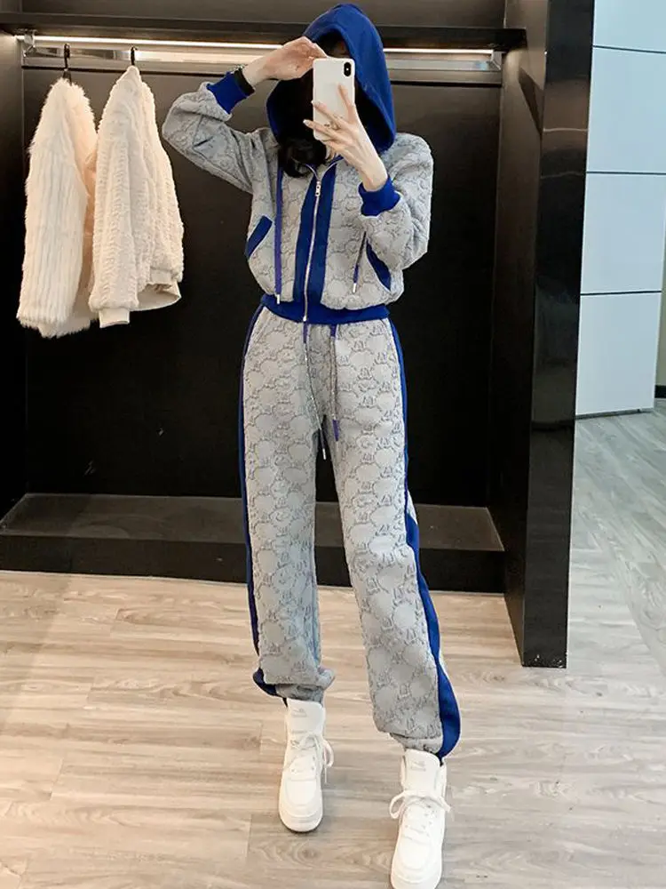 

Korean Style Casual Elegant Two Piece Set Women Autumn Winter New Printing Hoodie Jacket+Tapered Pants Sports Fashion Set
