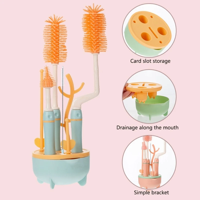 Soft Safe Silicone Baby Bottle Brushes Set Long Handle Cleaning Brush Drying Rack Kit 360-degree Rotating Cleaning Bottle Brush