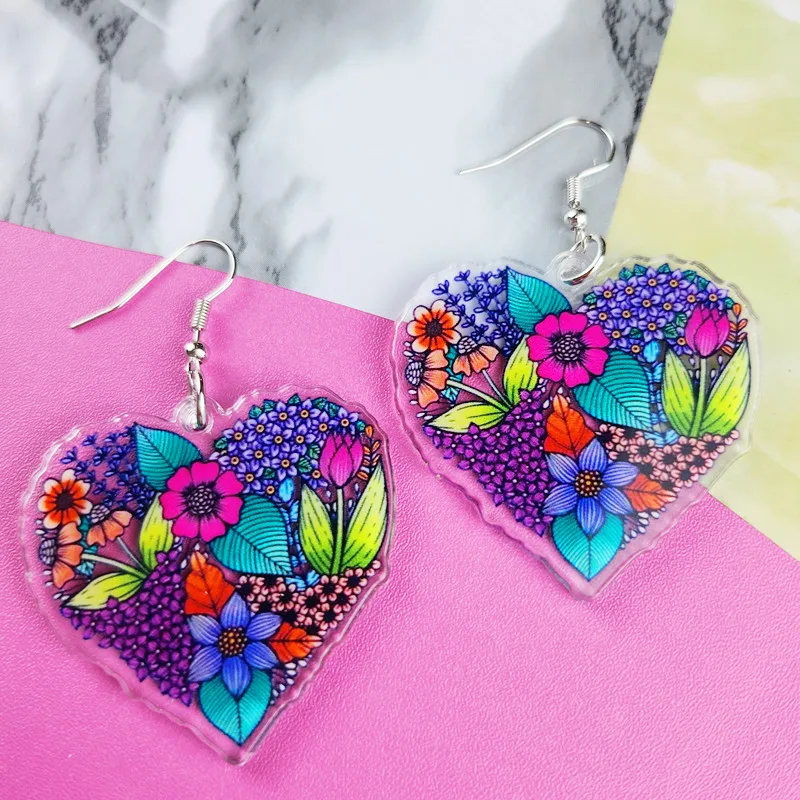 Novel and Cute Heart Shaped Flower Acrylic Earrings Creative Fashion Jewelry Personalized Charm Suitable for Women's Gifts