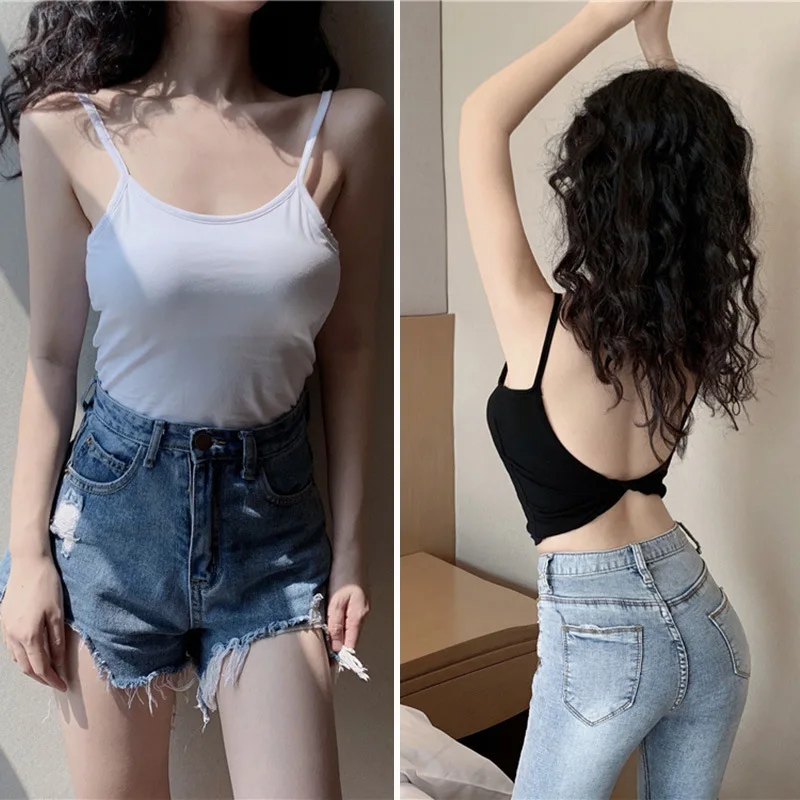 2022 Crop Tops Sexy Spaghetti Strap Tanke Top Women Built In Bra Off Shoulder Solid Color Sleeveless Camisole Ins Yoga Sport Bra