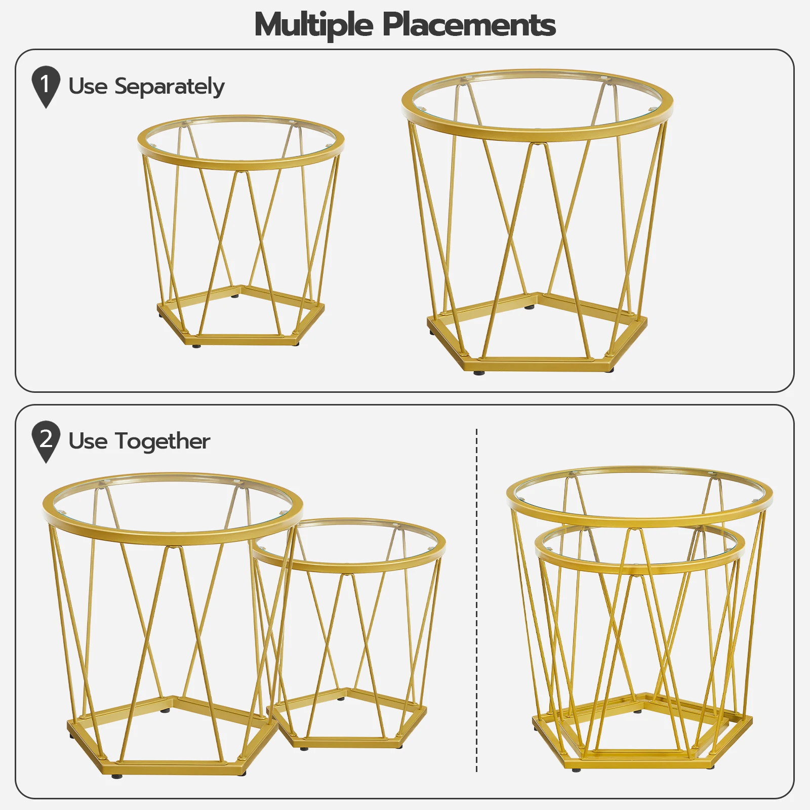 Small Coffee Table Set of 2 Round Coffee End Table with Metal Frame Glass Top Gold Side Table for Living RoomBedroom and Balcony