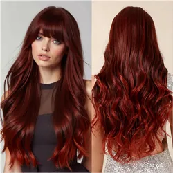 Long Burgundy Wavy Synthetic Wigs for Women Ombre Red Wig with Bangs Daily Party Fake Hair Natural Soft Fiber Wig Heat Resistant