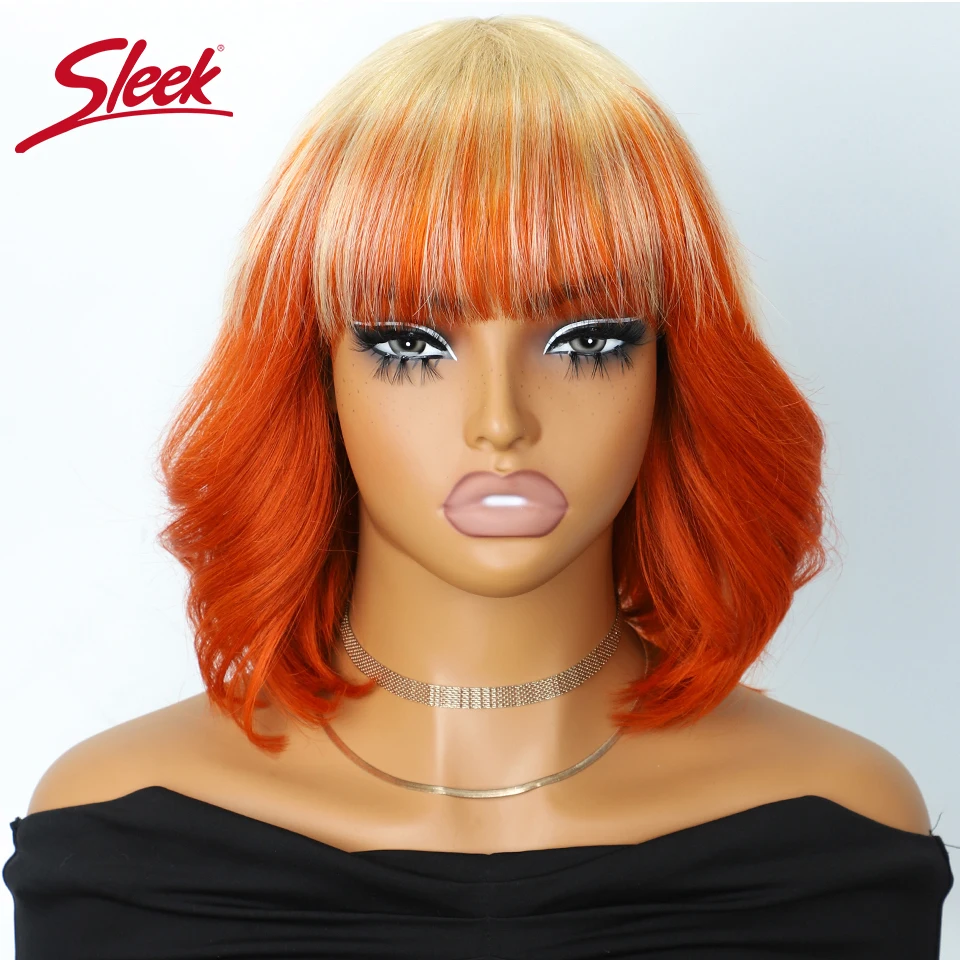 Sleek Short Pixie Cut Bob Wigs Blond 613 With Orange Bang Brazilian Loose Body Wave Wigs Nature Remy Human Hair For Black Women