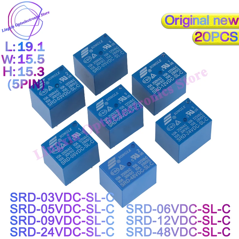 20Pcs/lot Power Relays SRD-05VDC-SL-C SRD-09VDC-SL-C SRD-12VDC-SL-C SRD-24VDC-SL-C SRD -5V 9V 12V 24V 48V 10A 250VAC 5Pin T73