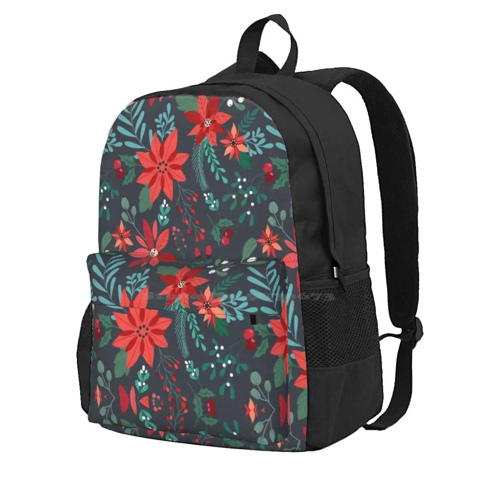 Poinsettia Pattern Hot Sale Schoolbag Backpack Fashion Bags Pattern Seamless Poinsettia Flowers Floral Holiday Winter Cold Red