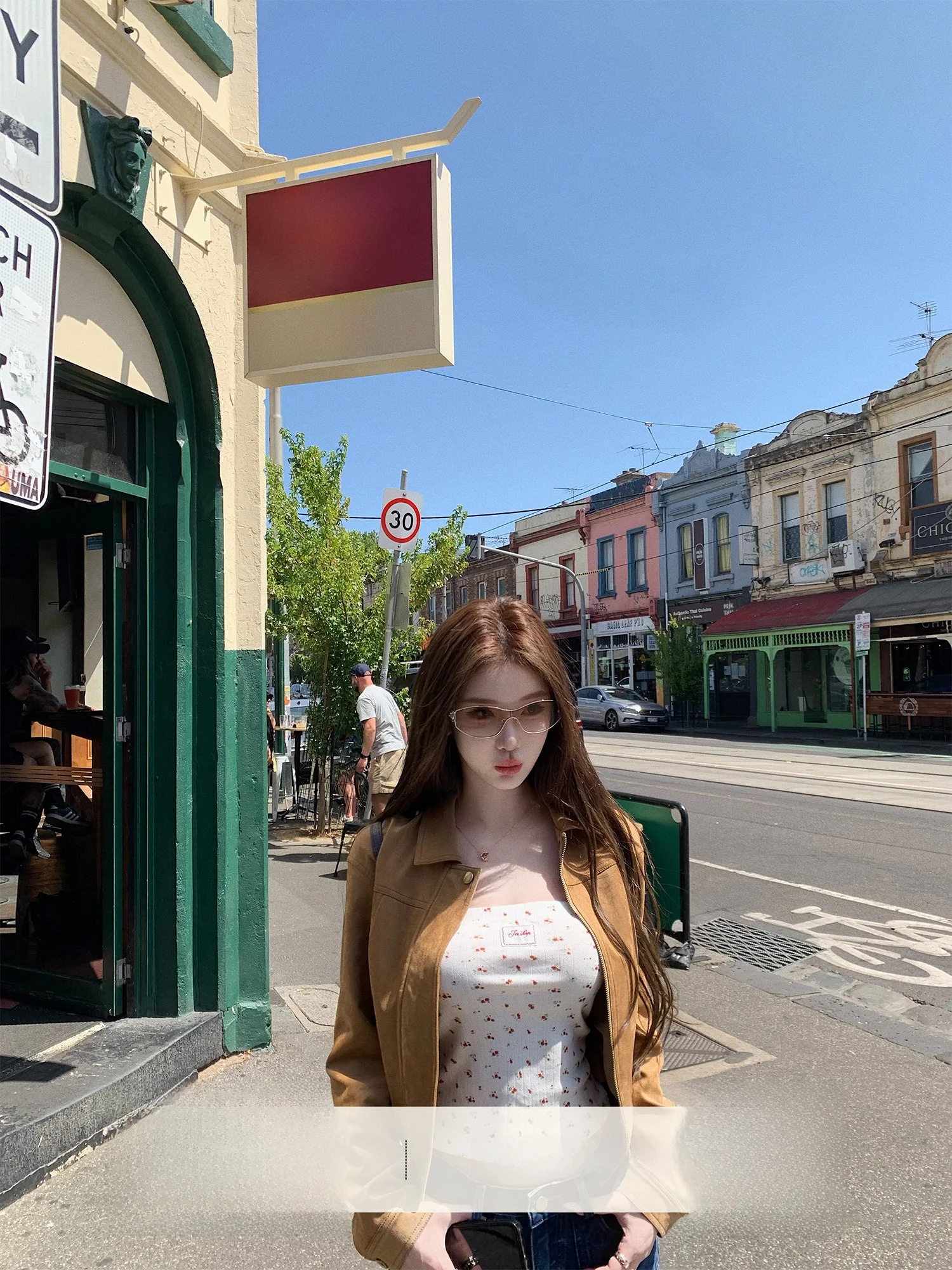 

JMSHOP Caramel Latte Retro Suede Short Jacket Women's Versatile Slimming Workwear Top Casual Straight Leg Polyester Blend