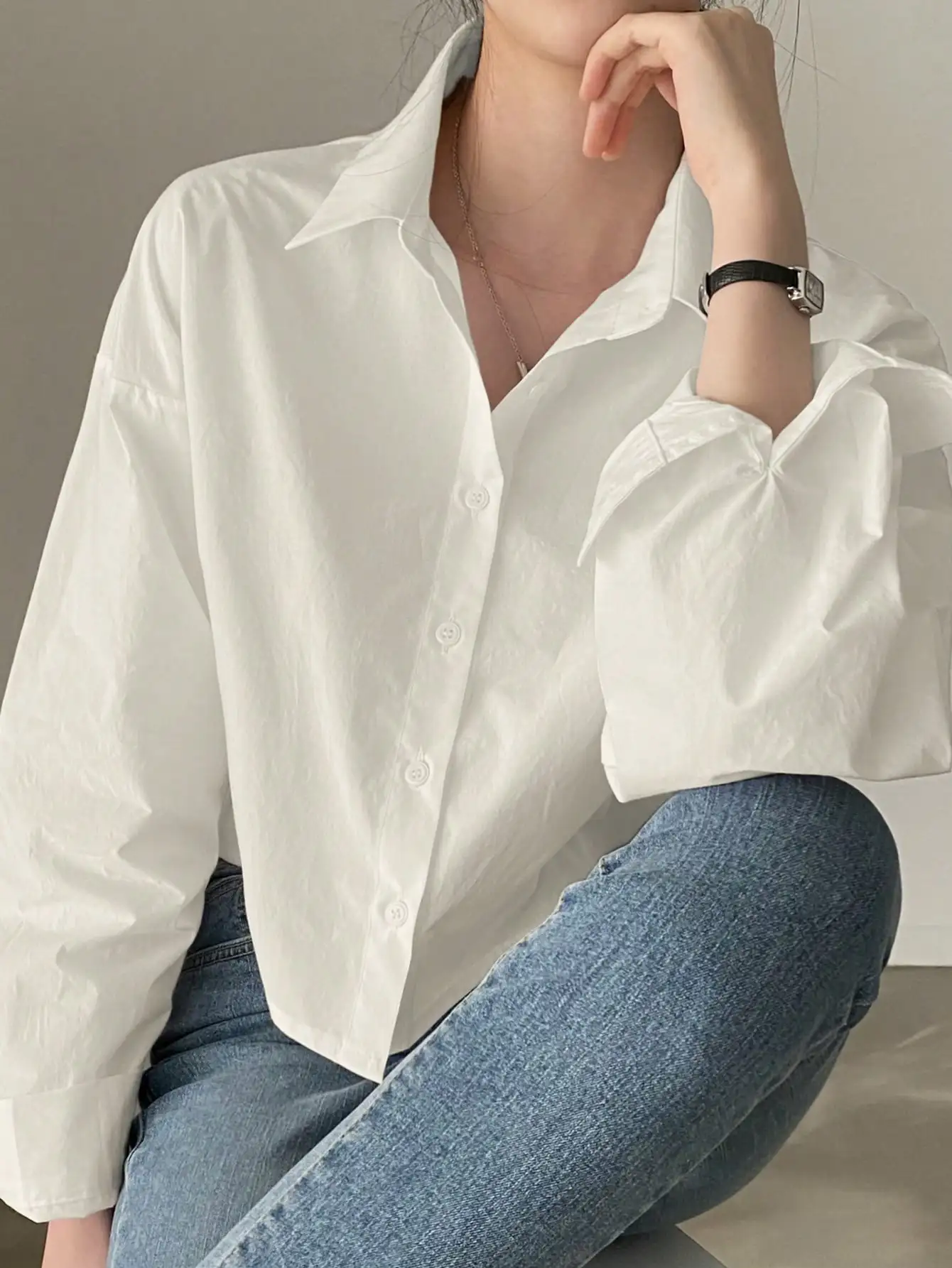 

Korean Chic Autum French Design Back Slit Long-Sleeved Shirt Small Short Waistless Shirt Women's Clothing