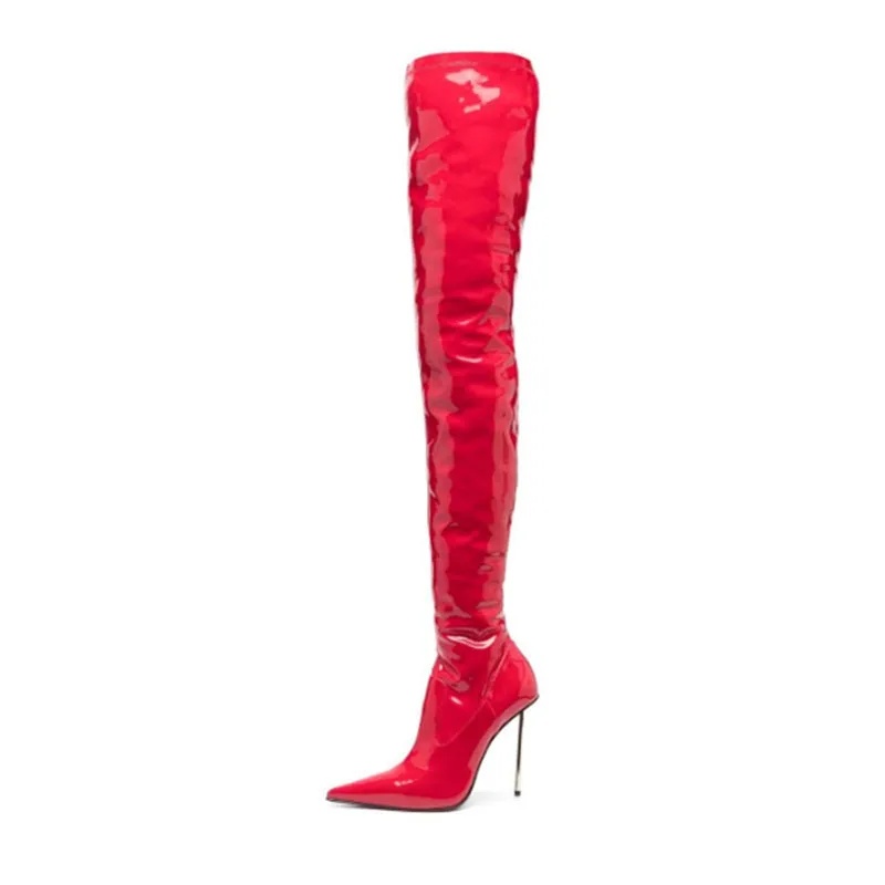 Arden Furtado 2024 Patent Leather Thin heels Over The Knee Boots Pointed Toe Sexy Super high heel side zipper Modern boots 41 42