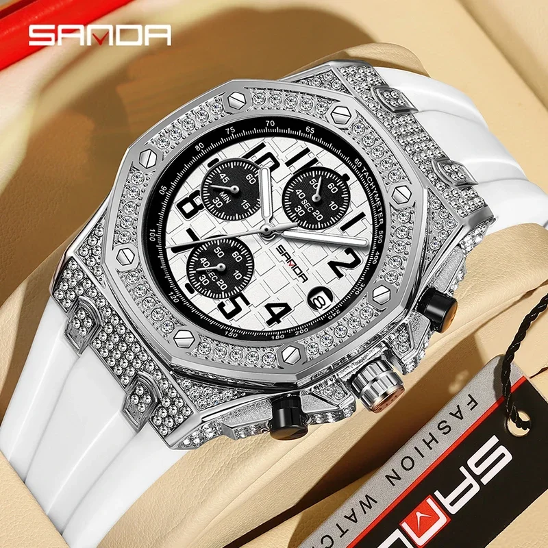 SANDA 7026 Men's Quartz Watch Fashion Leisure Diamond Luminous Date Simulation Display Silicone Strap Men's Gift Watch 2025